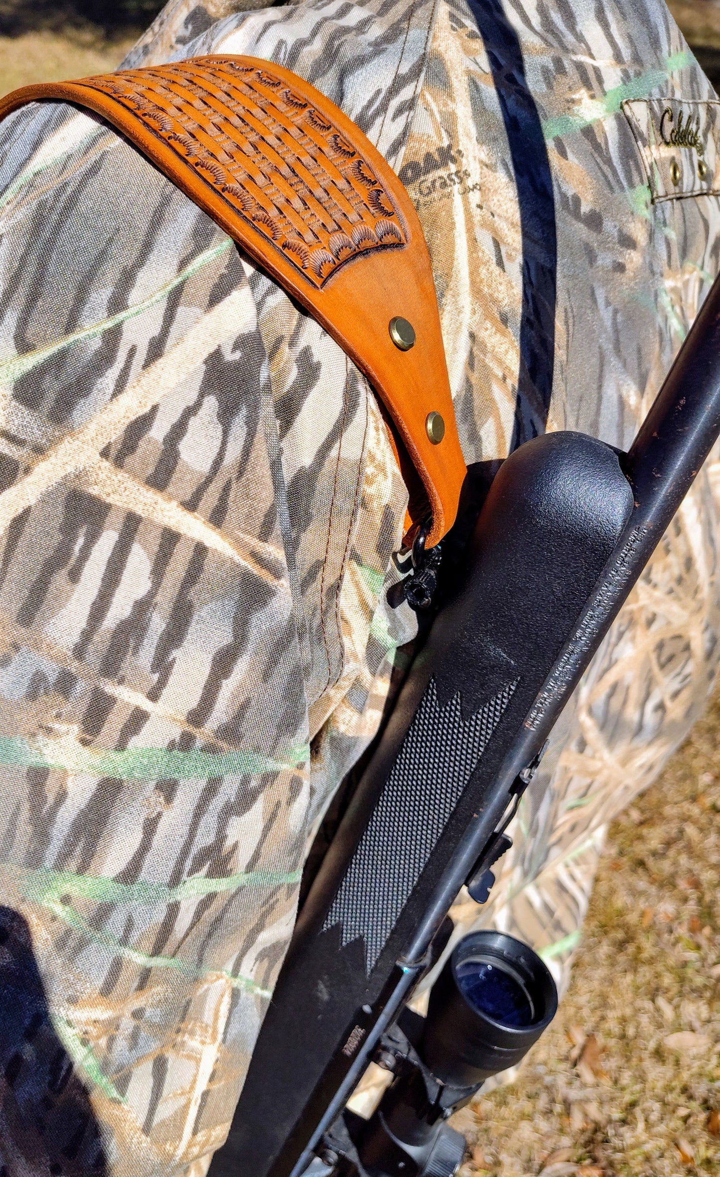 Basket Weave Tooled Rifle Sling; Thumb Hole Design