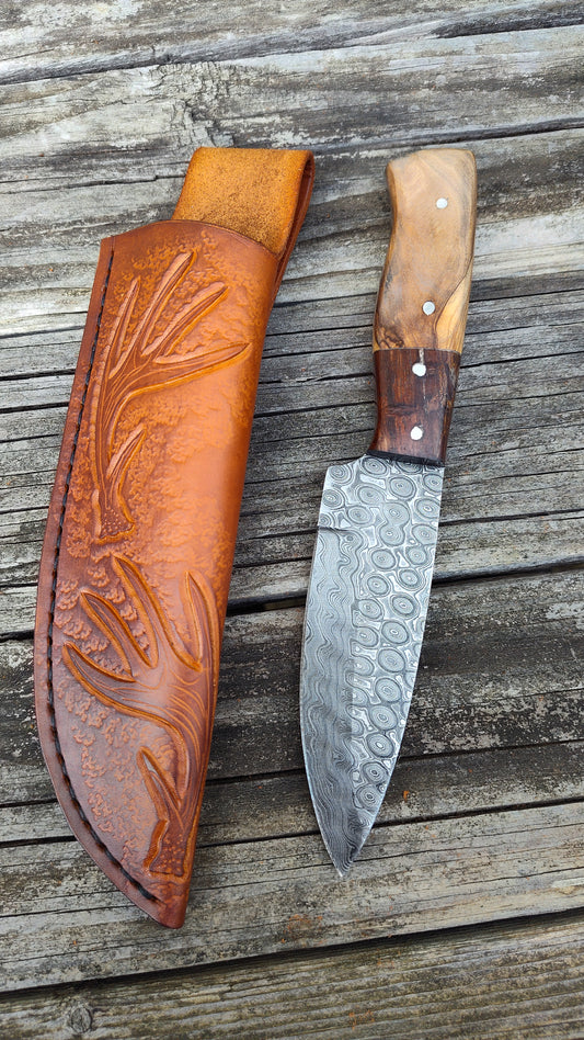 Damascus Camp Knife with Deer Antler Shed Sheath