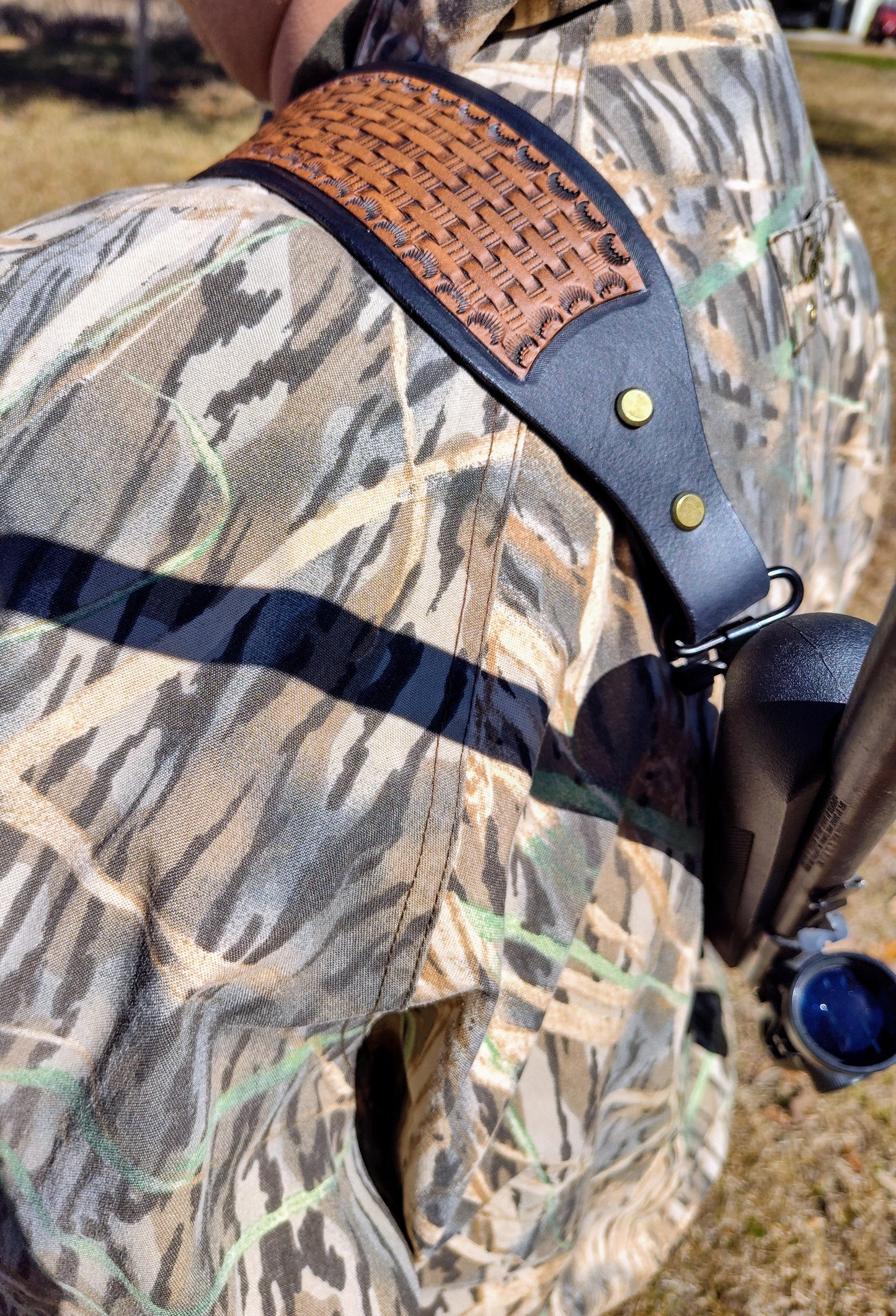 Basket Weave Tooled Rifle Sling; Thumb Hole Design