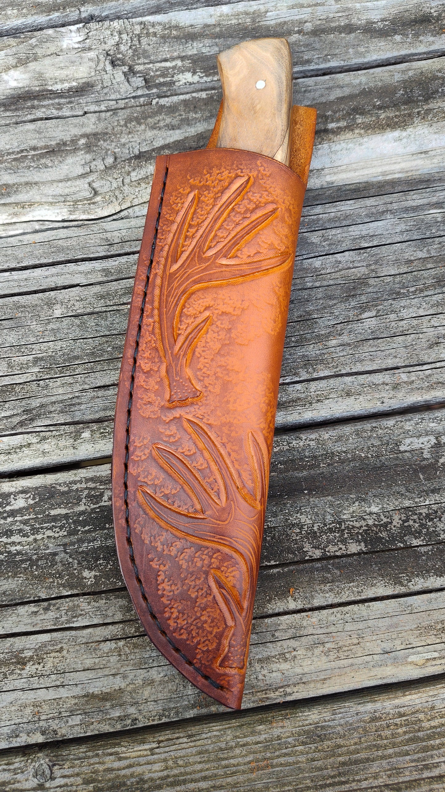 Damascus Camp Knife with Deer Antler Shed Sheath