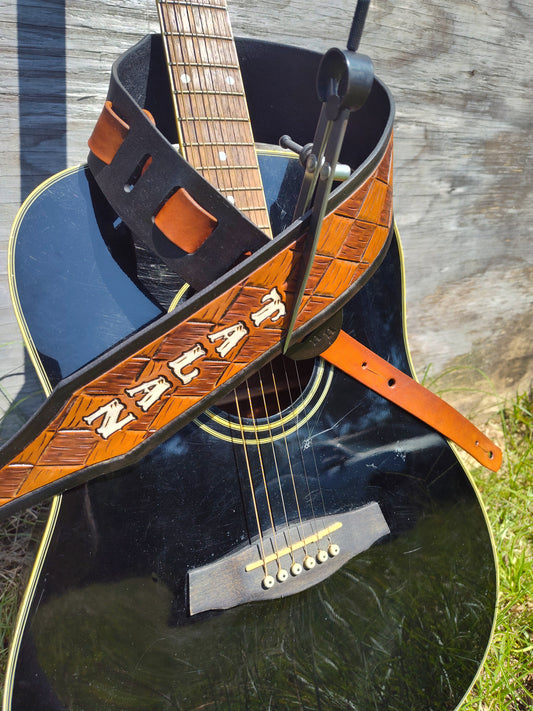 Guitar Strap with Tooled Basket Weave Design